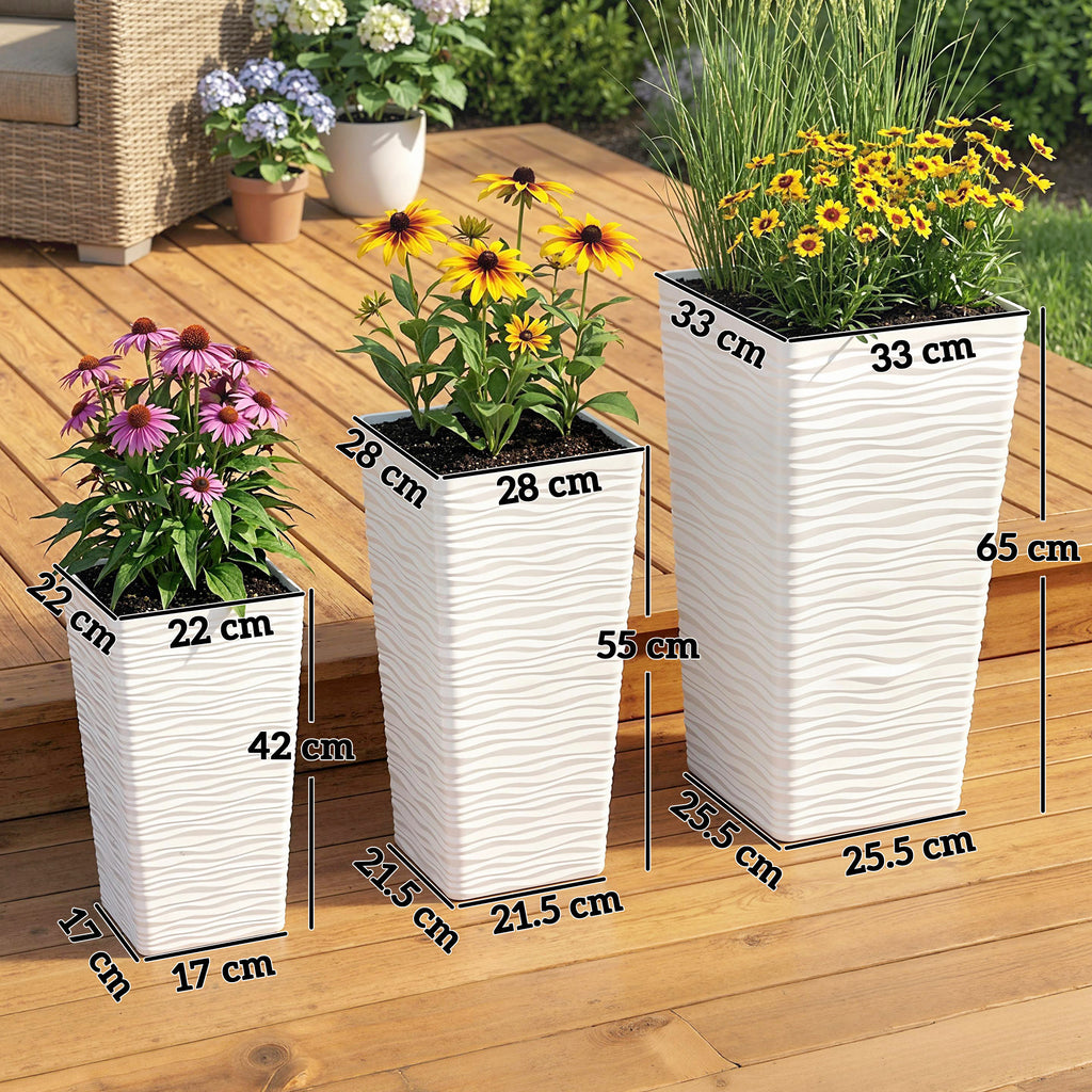 Outsunny Set of 3 Stackable Outdoor Planters with Wavy Pattern in Plastic, 42/55/65 cm, White