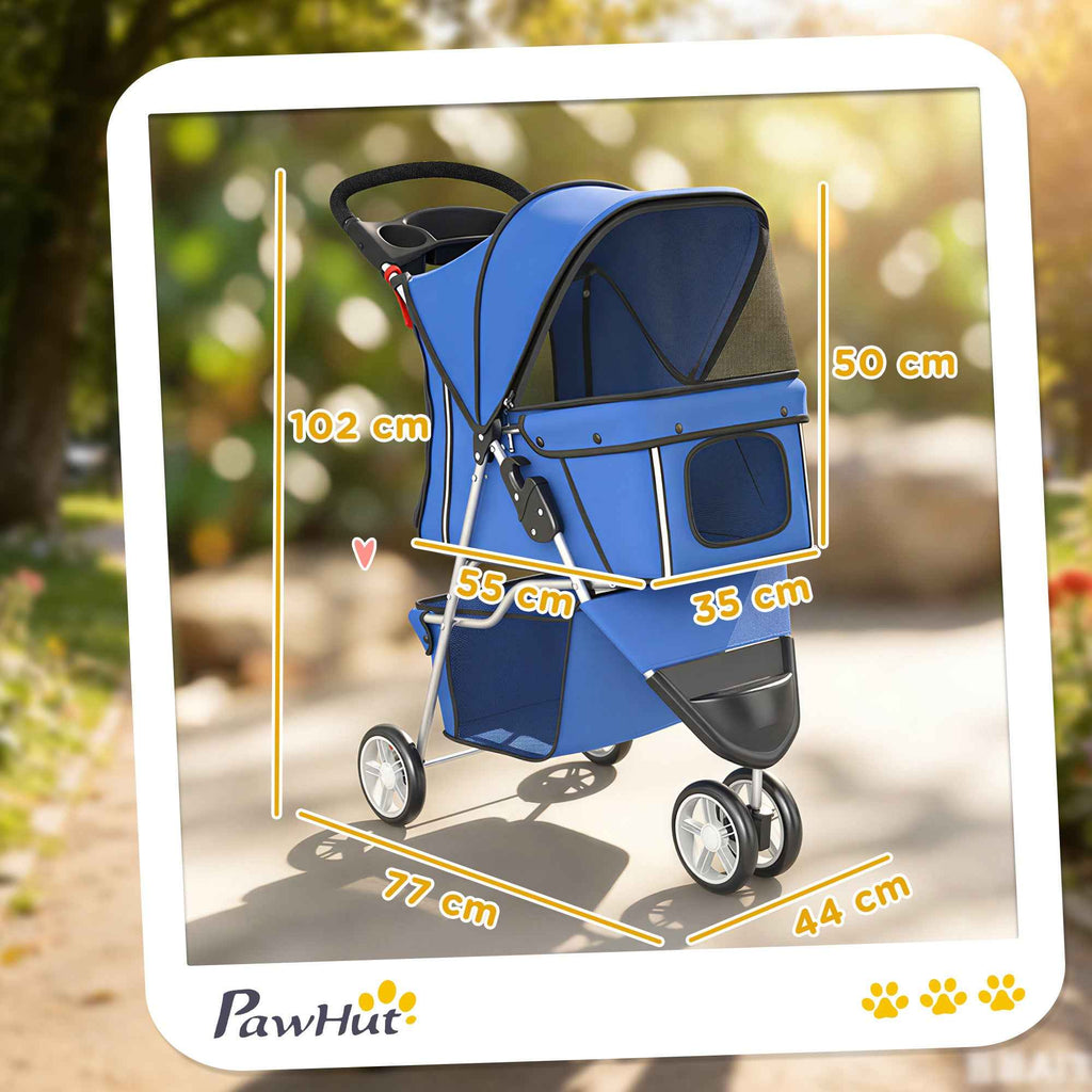 PawHut Folding Dog Stroller with Cup Holder and Basket, 77x44x102 cm, Blue