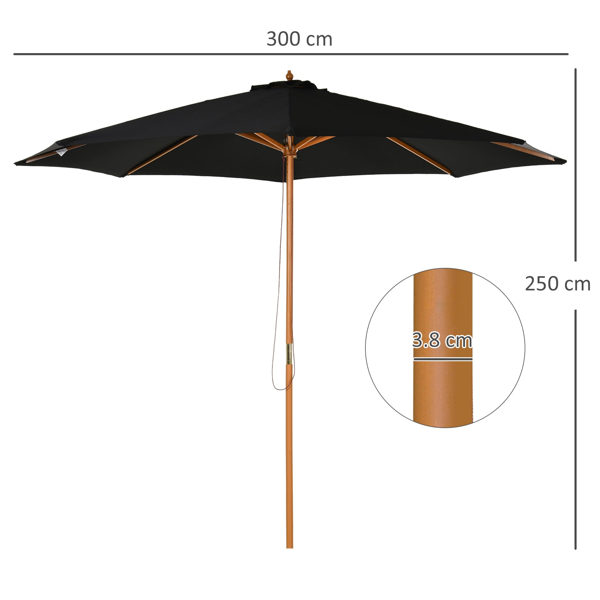 Outsunny 3m Garden Umbrella with Wooden Pole, 8 Ribs and Polyester Sunshade, Black