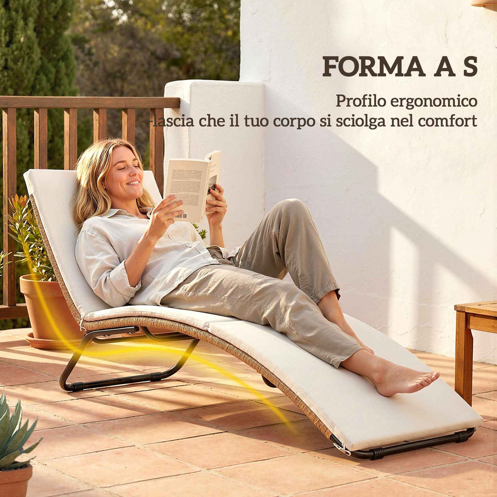 Outsunny S-Shaped Outdoor Lounger with Cushion, in PE Rattan and Steel, 175x57x80 cm, Cream