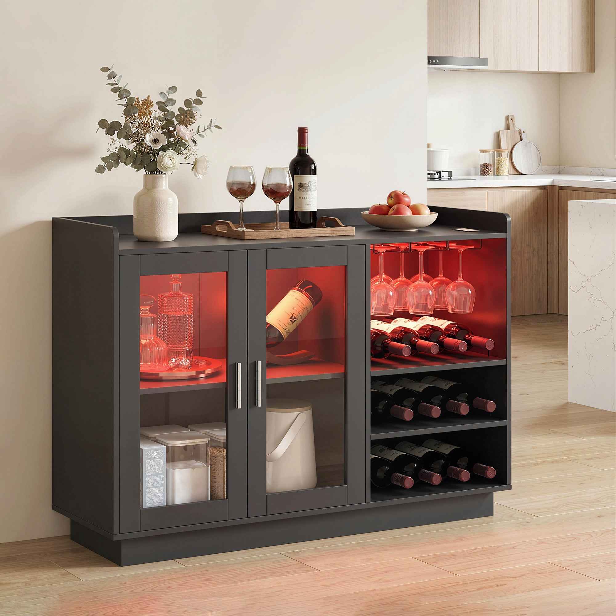 HOMCOM Wine Rack with LED Light and Adjustable Shelf, Wood and Glass, 120x38x88 cm, Black