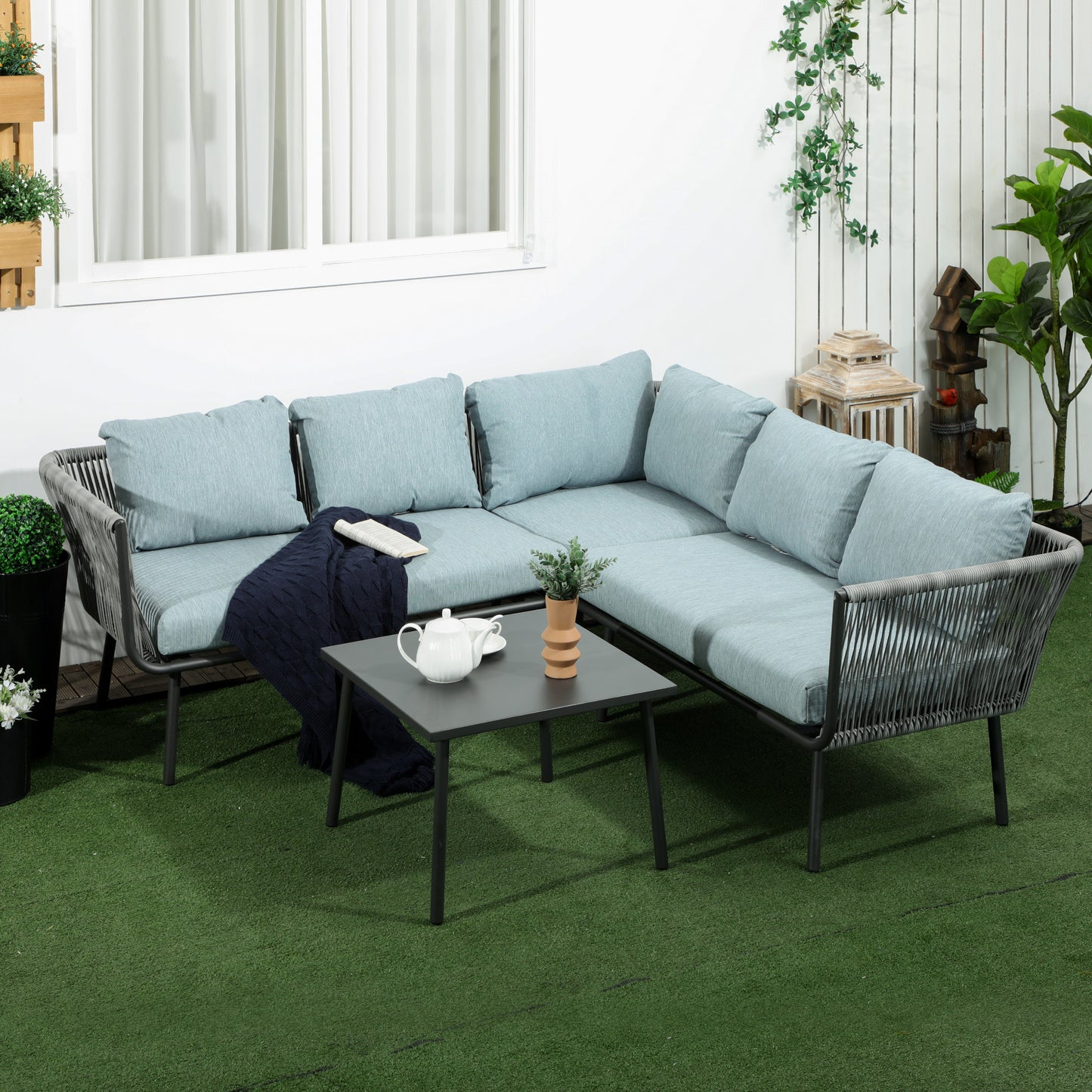 4-Piece Rattan Garden Set with Coffee Table, 2 Corner Sofas and Armchair, Black Gray and Blue - Borgè