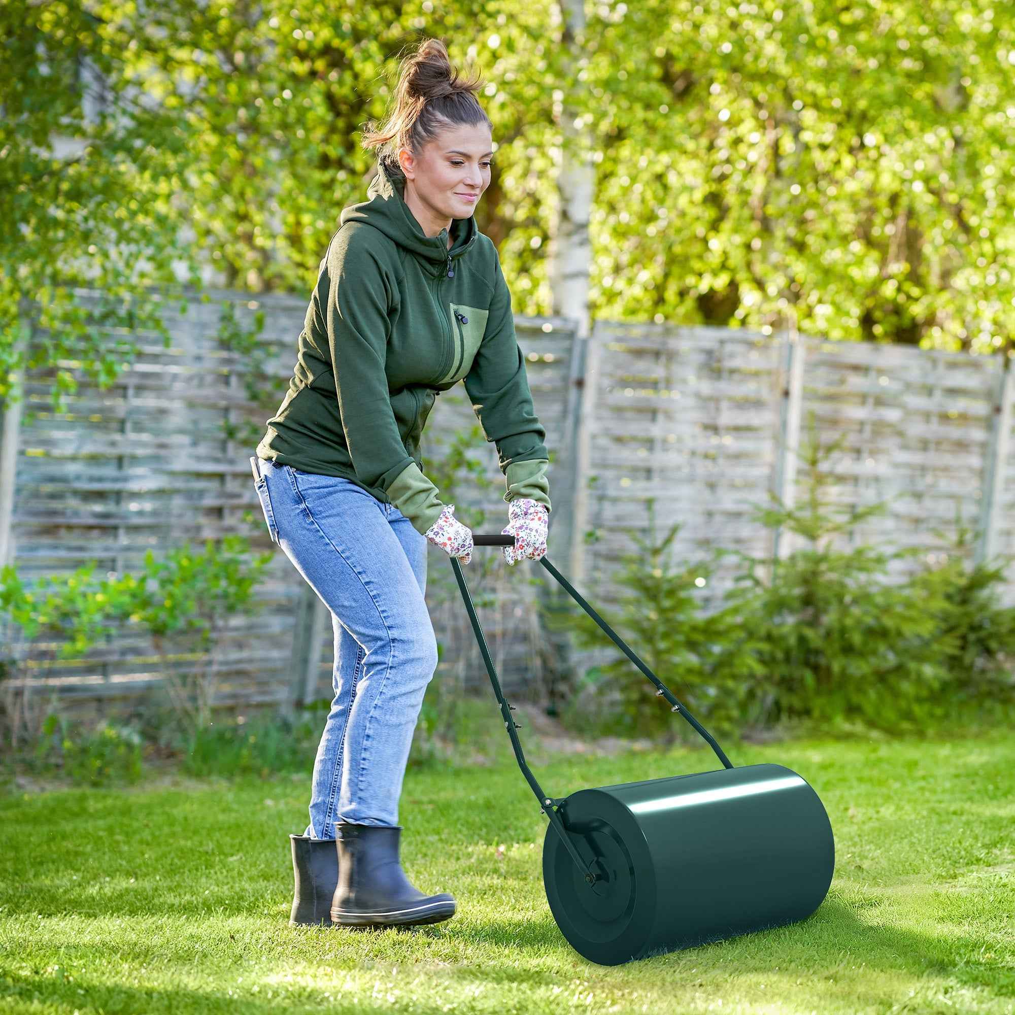 Outsunny 63L Lawn Roller with Scraper Blade, Metal, 123x58x40 cm, Dark Green