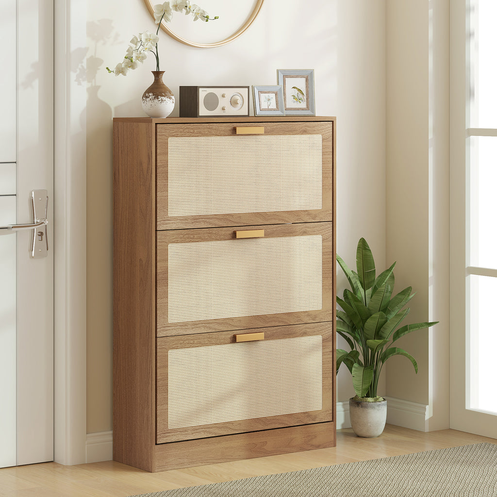 Shoe Rack for 18 Pairs of Shoes with 3 Folding Drawers in Wood and Rattan, 80x25x120 cm, Brown