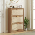 Shoe Rack for 18 Pairs of Shoes with 3 Folding Drawers in Wood and Rattan, 80x25x120 cm, Brown