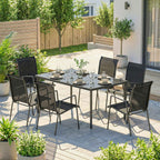 Outsunny 7-Piece Steel Outdoor Set with 6 Stackable Texteline Chairs and Glass-Top Coffee Table, Black