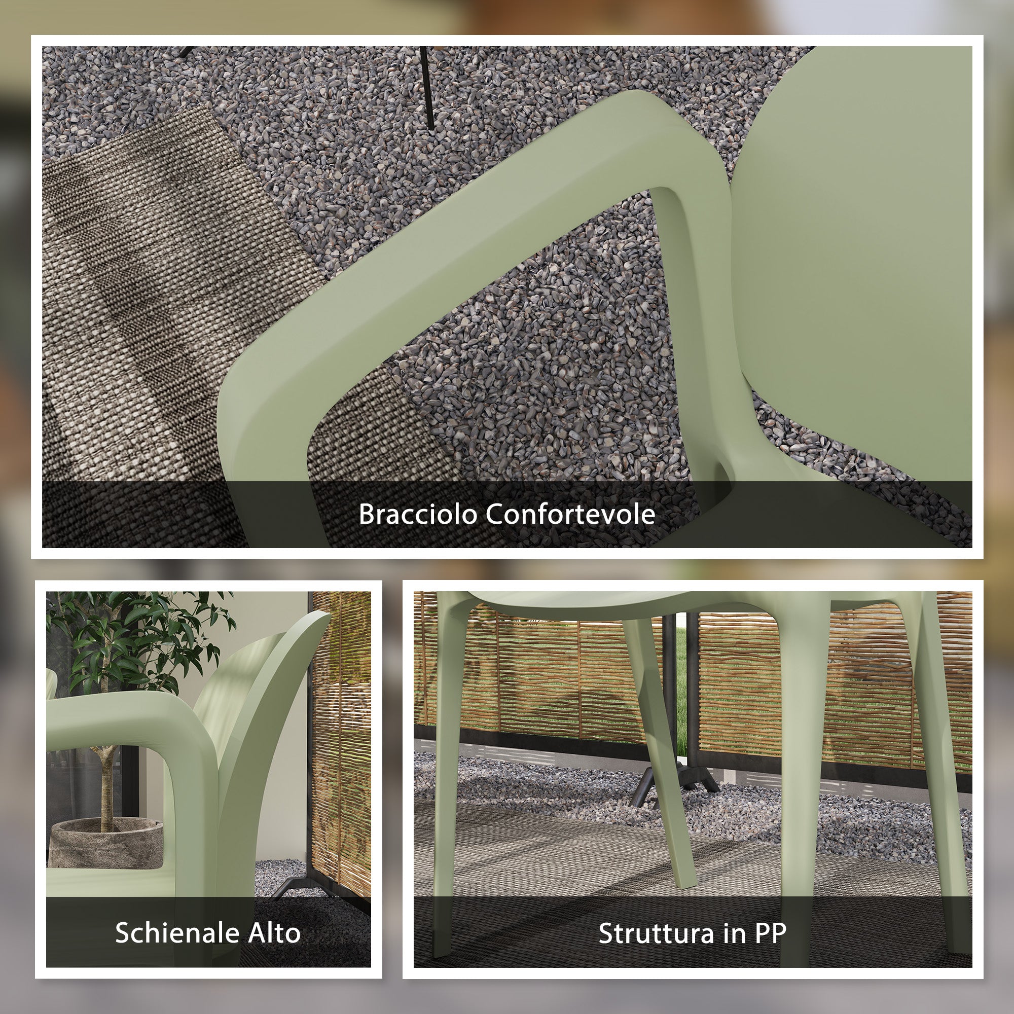 Set of 4 Stackable Garden Chairs in PP with Modern Design with Armrests 60x56x75 cm, Green