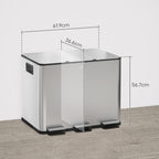 TRES - 20L 3-Section Dustbin with Silent Closure, Stainless Steel and PP, 61.9x36. 6x56. 7 cm