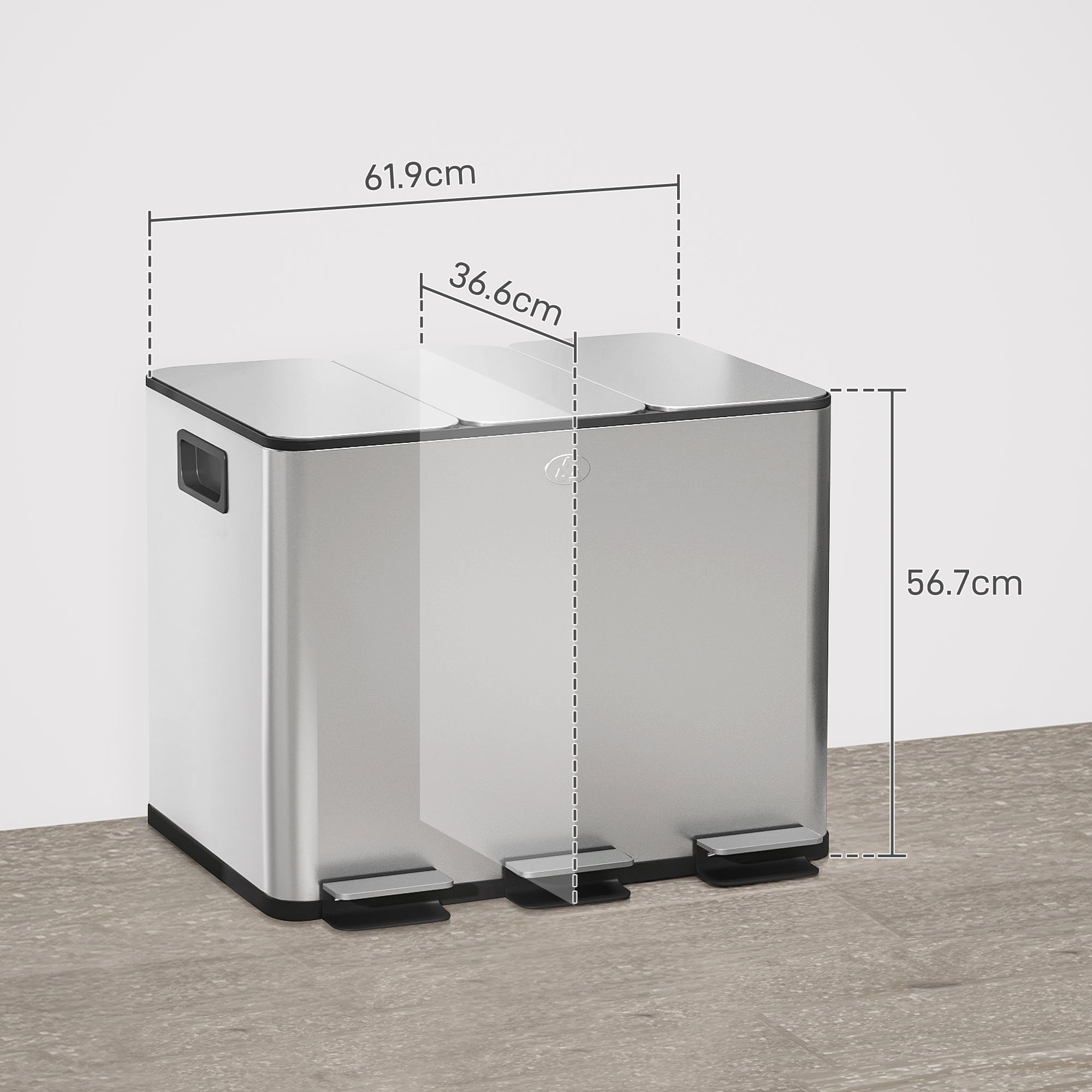 TRES - 20L 3-Section Dustbin with Silent Closure, Stainless Steel and PP, 61.9x36. 6x56. 7 cm