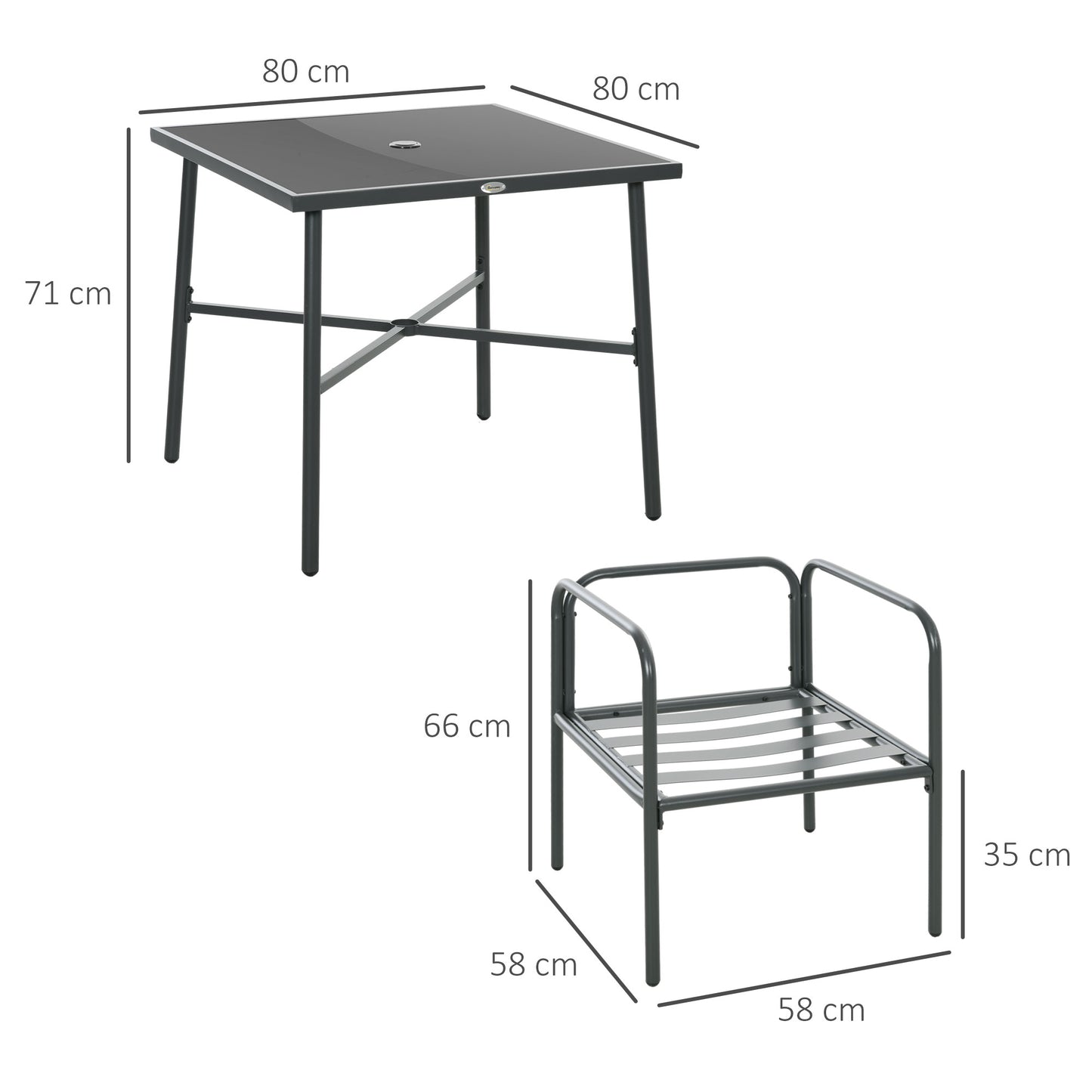 5 Piece Garden Set in Steel with 4 Chairs 58x58x66 cm and Table 80x80x71 cm with Central Hole, Gray - Borgè