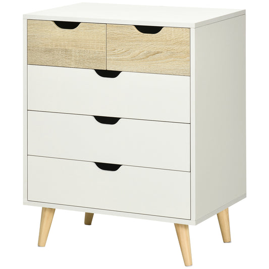 HOMCOM 5-drawer chest of drawers for bedroom with carved handles, 60x40x77.5cm, white and wood