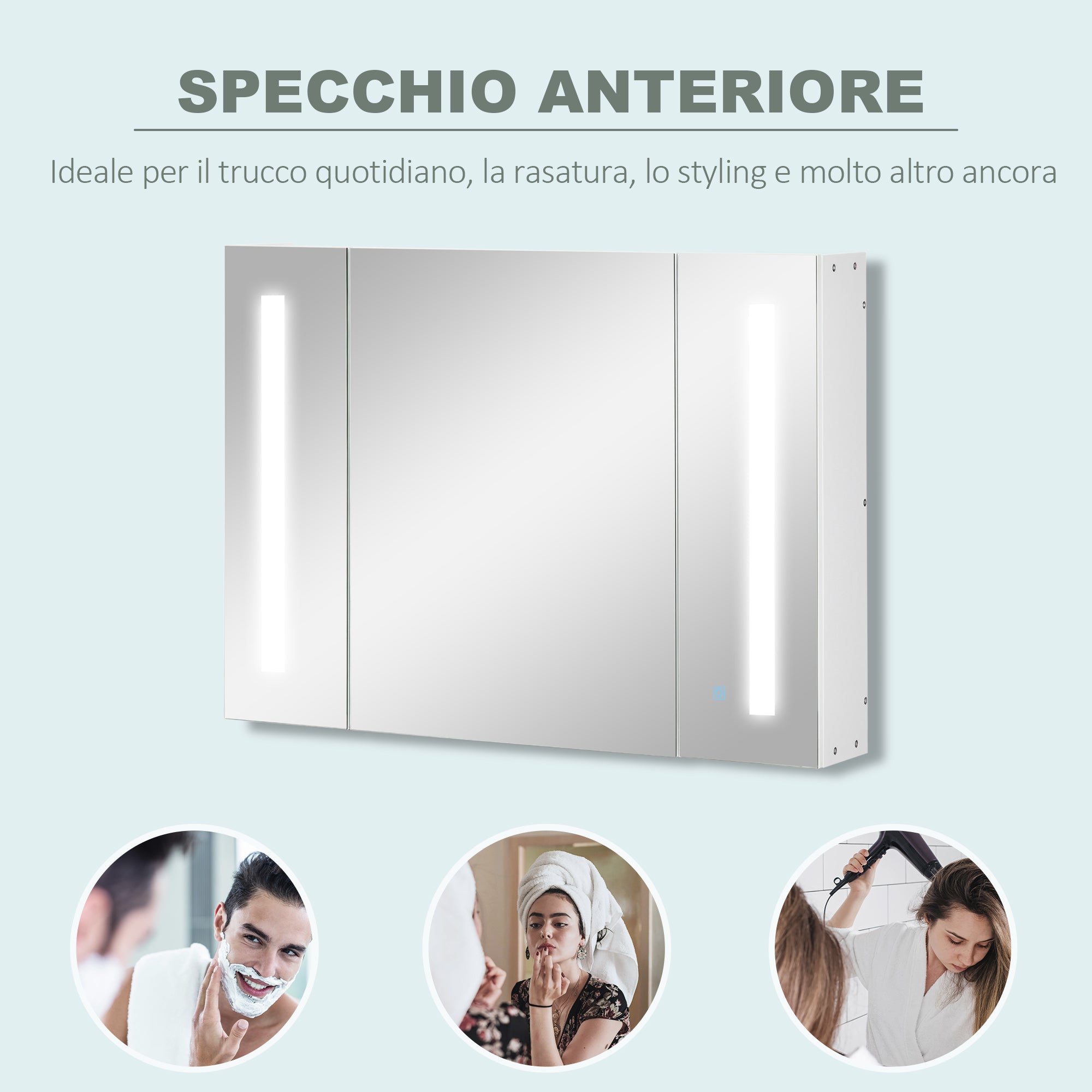 kleankin Bathroom Mirror Cabinet with 3 Cabinets, 3 Shelves and LED Light, 90x15x65 cm, White - Borgè