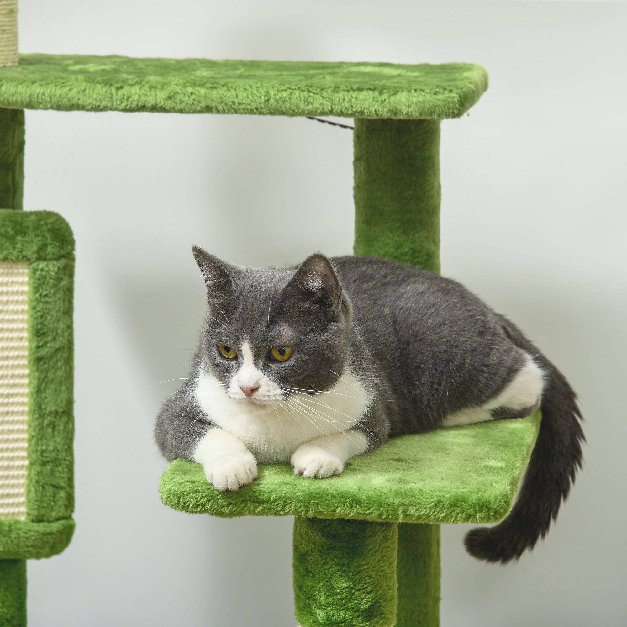 Multi-Level Cat Tree with Hammock, Scratching Post, Ball and Decorative Leaves, 49x49x142 cm, Green