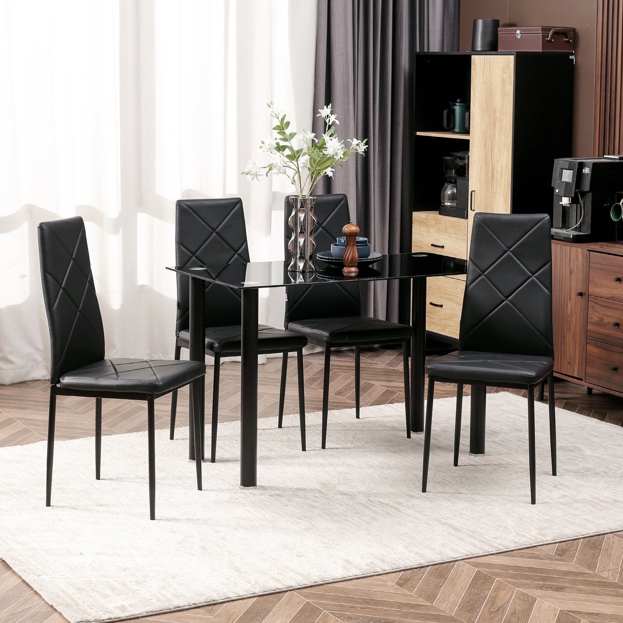 Dining Table and Chairs Set for 4, Modern 5 Pieces Kitchen Table Set with Glass Table, Padded Seat and Steel Frame - Borgè