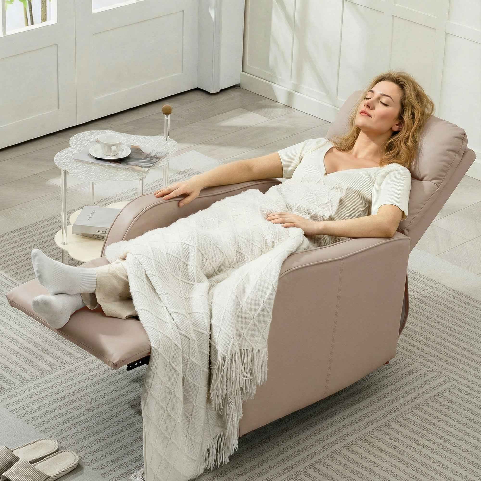 HOMCOM 160° Max Reclining Chair with Footrest, PU Leather, Wood and Steel, 65x89x100 cm, Light Brown