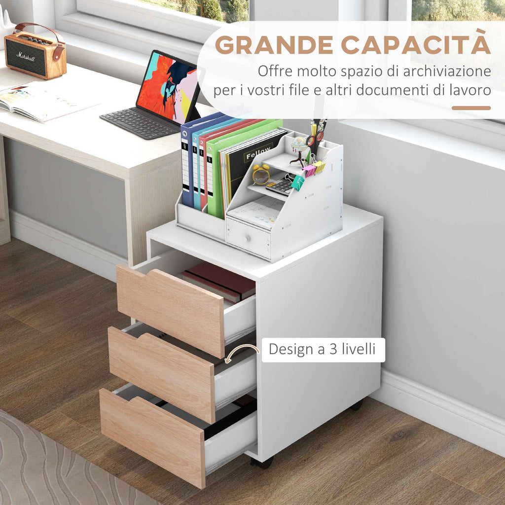 HOMCOM MDF Chest of Drawers with 3 Drawers and Wheels for Office or Study, White and Wood, 40x50x57.5cm