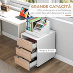 HOMCOM MDF Chest of Drawers with 3 Drawers and Wheels for Office or Study, White and Wood, 40x50x57.5cm