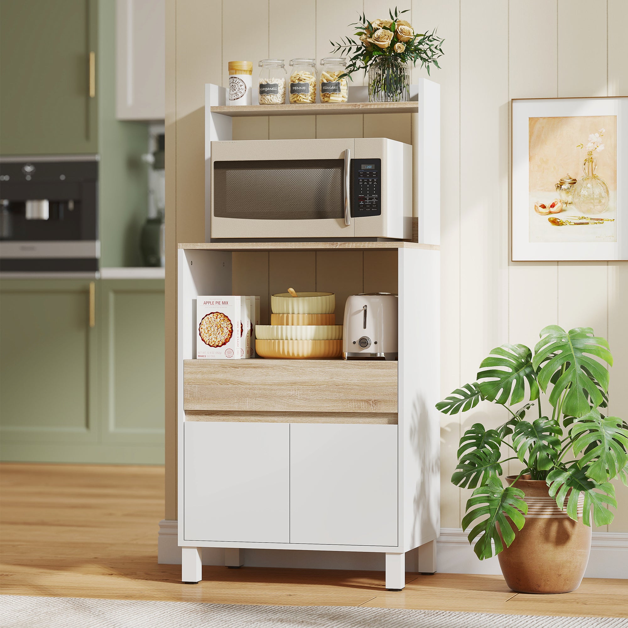 Wooden Microwave Cabinet with Shelf, Open Shelf, Drawer and Cabinet, 60x40x131 cm, White
