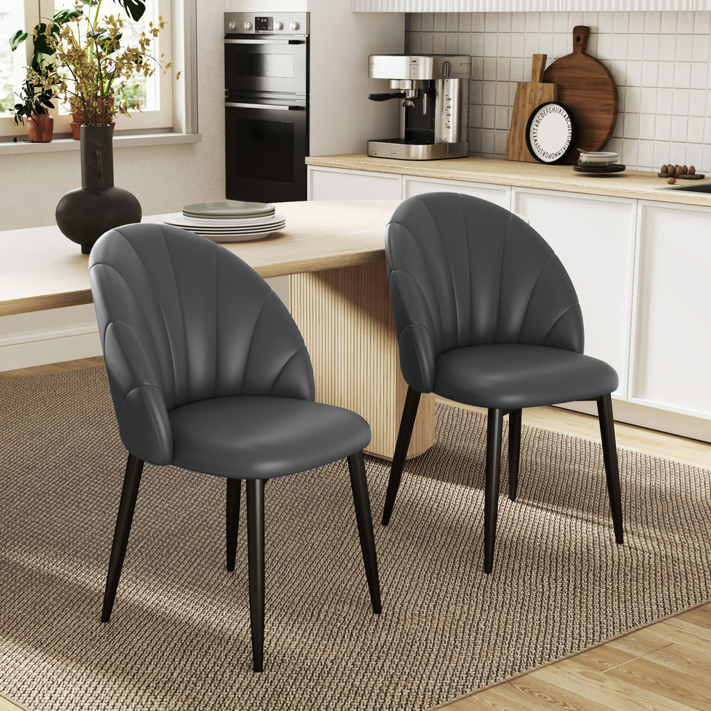 Set of 2 PU Leather Dining Chairs with Metal Legs and Shell Backrest, Dark Gray