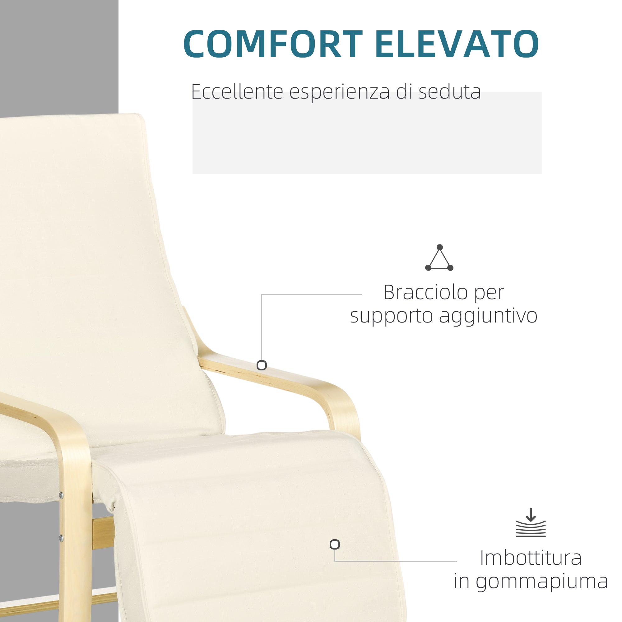 Relaxing Chair with 5-Level Footrest and Headrest, Birch Wood and Fabric, 66.5x94x100 cm, Cream