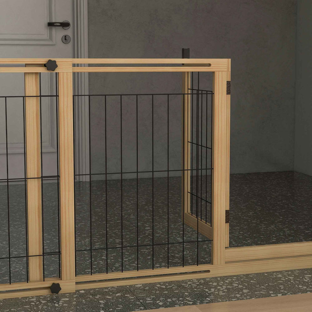 PawHut Extendable Dog Gate with Door and 2 Panels, Triangular Feet, 112-159x70 cm, Natural Wood
