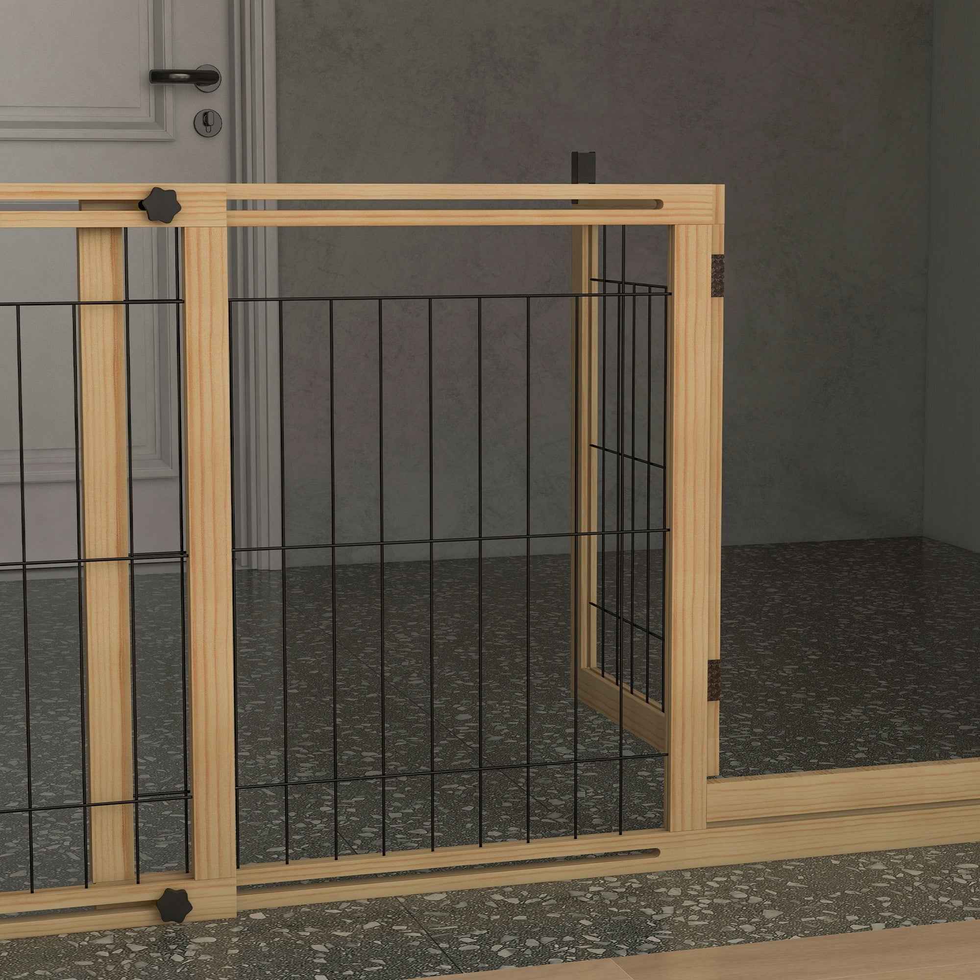 PawHut Extendable Dog Gate with Door and 2 Panels, Triangular Feet, 112-159x70 cm, Natural Wood