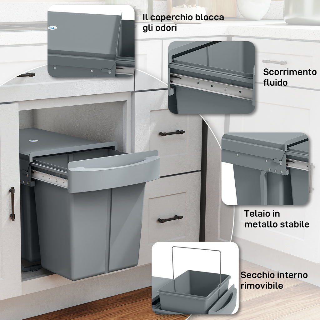 Pull-Out Under-Sink Waste Bin with Two 20L Buckets, 52 x 33.5 x 41 cm, Grey