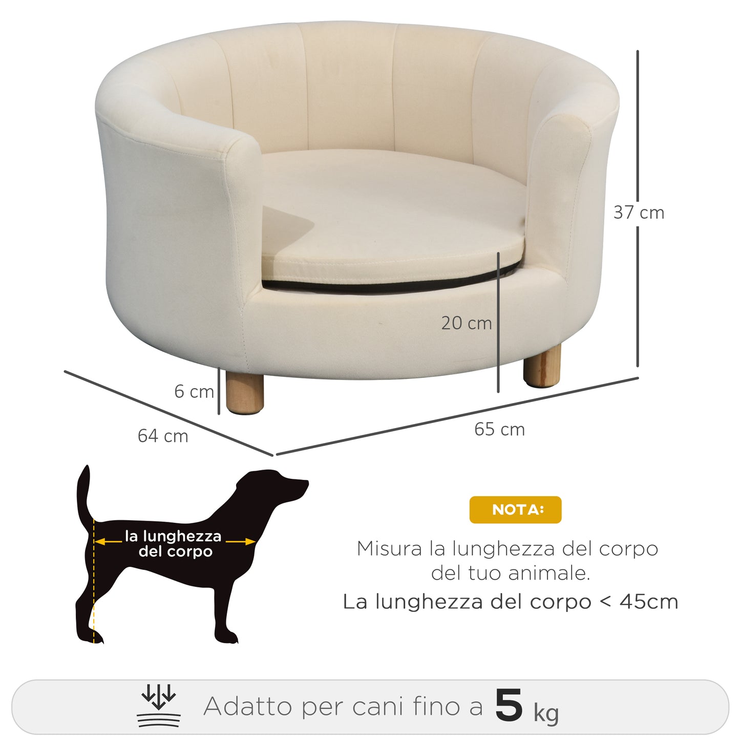 Sofa for Dogs and Cats Padded with Backrest and Removable Cushion, 65x64x37cm, Cream