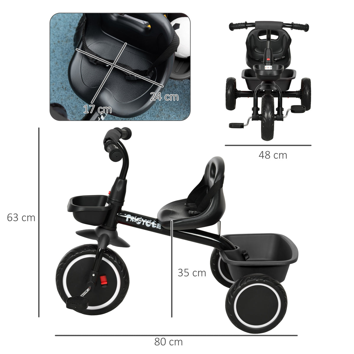 AIYAPLAY Children's Tricycle for 2-5 Years Old with Adjustable Seat, Children's Bike with Basket and Mudguard, Black