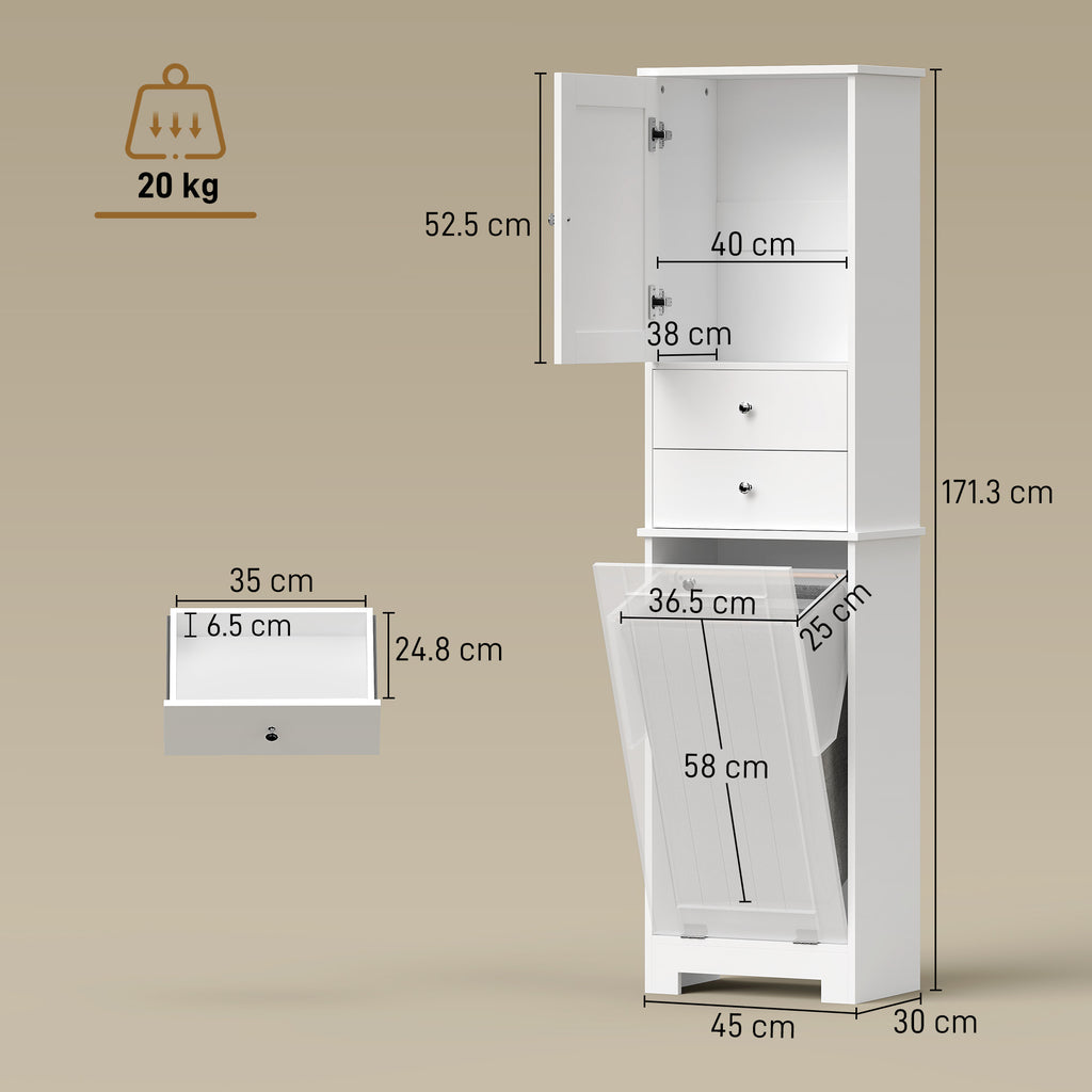 Bathroom Cabinet with Folding Laundry Hamper, Cabinet and 2 Drawers, Wooden, 45x30x171 cm, White
