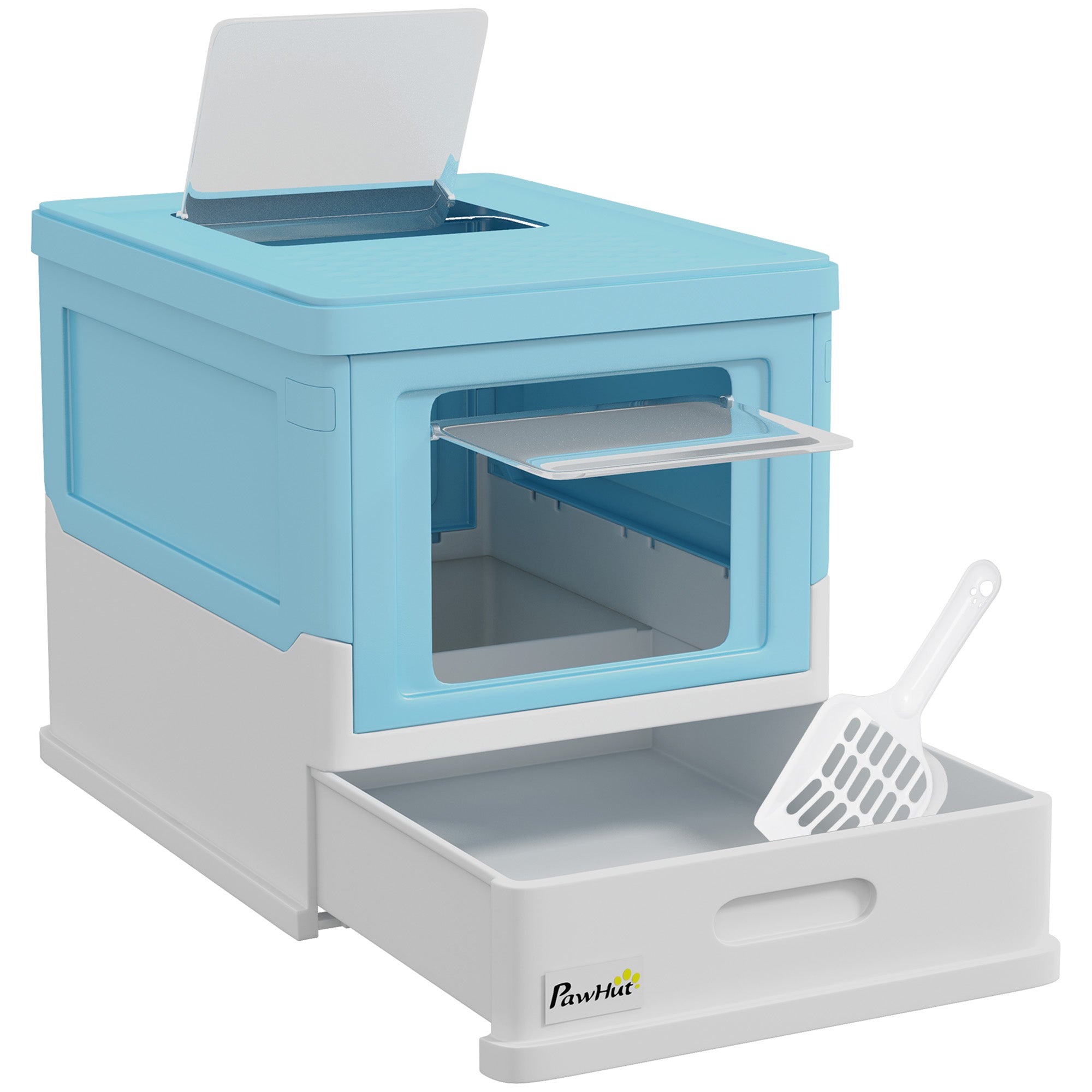 Enclosed Cat Litter Box with Scoop, Removable Tray and 2 Doors, 47.5x35.5x36.7cm, Blue