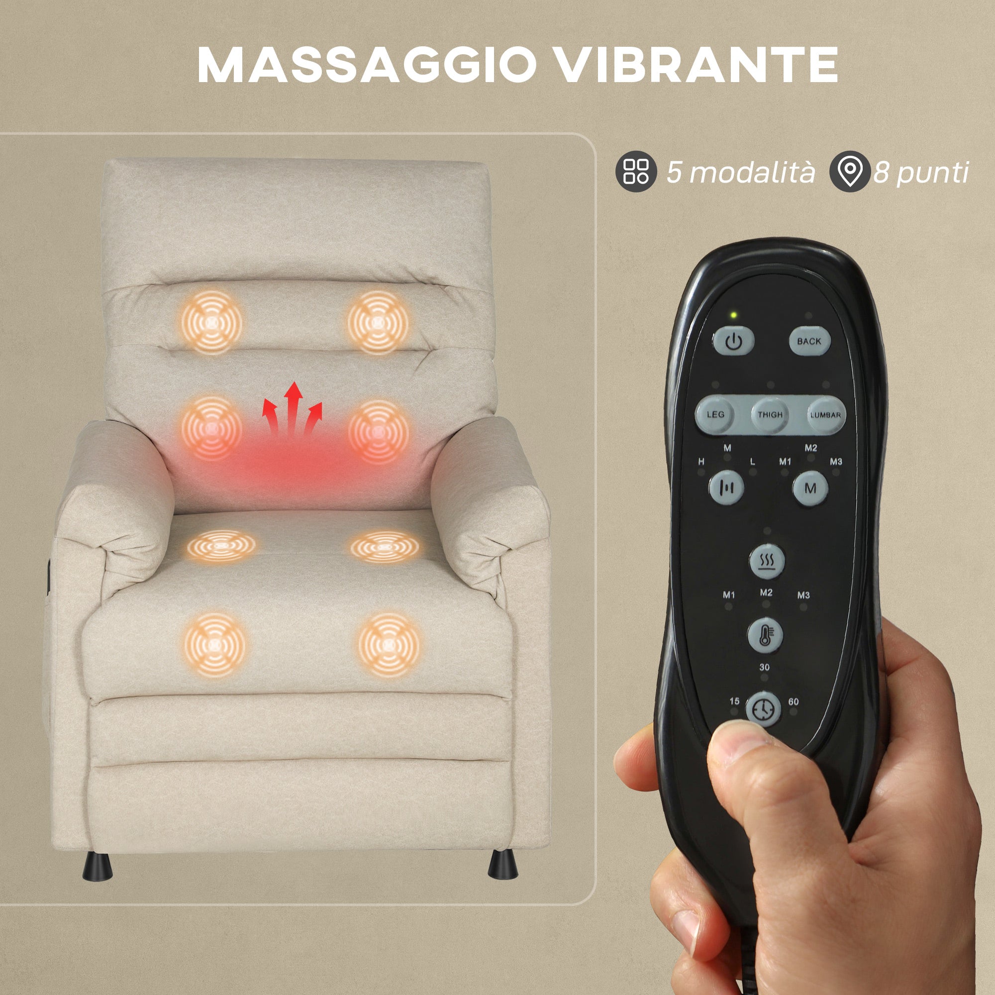 Recliner Chair with Footrest, Heated, 8 Massage Points and 5 Modes, Velvet Fabric, Beige