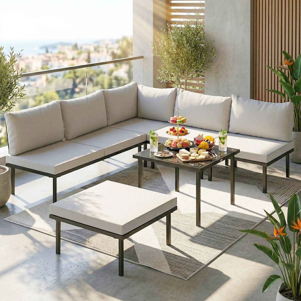 Outsunny 6-Person Metal Garden Furniture Set, Corner Sofa with Cushions, Light Grey