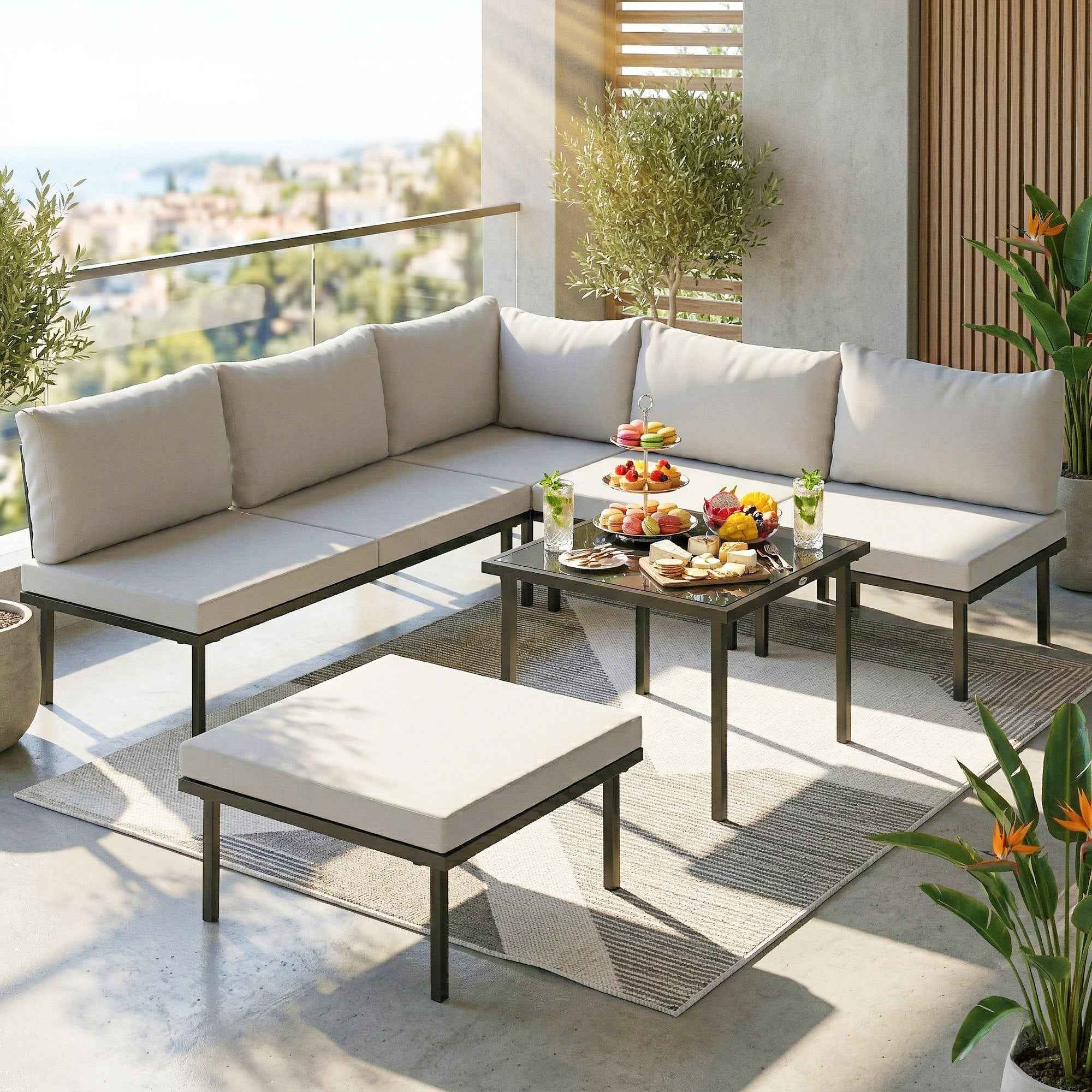 Outsunny 6-Person Metal Garden Furniture Set, Corner Sofa with Cushions, Light Grey