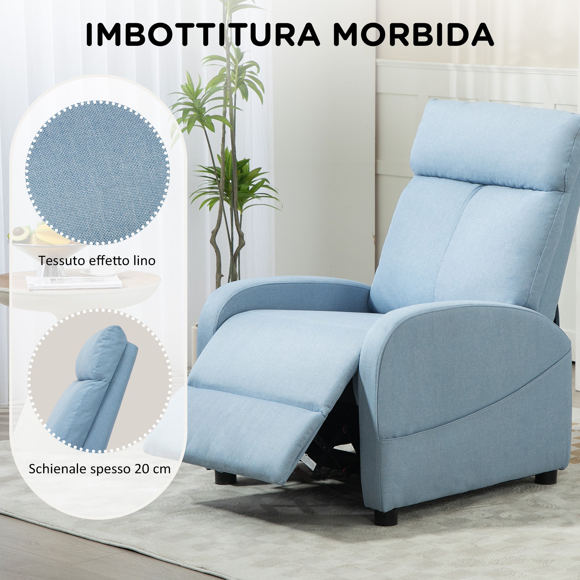 Reclining Relax Chair with Footrest in Linen Effect Fabric, 69x85x100 cm, Blue