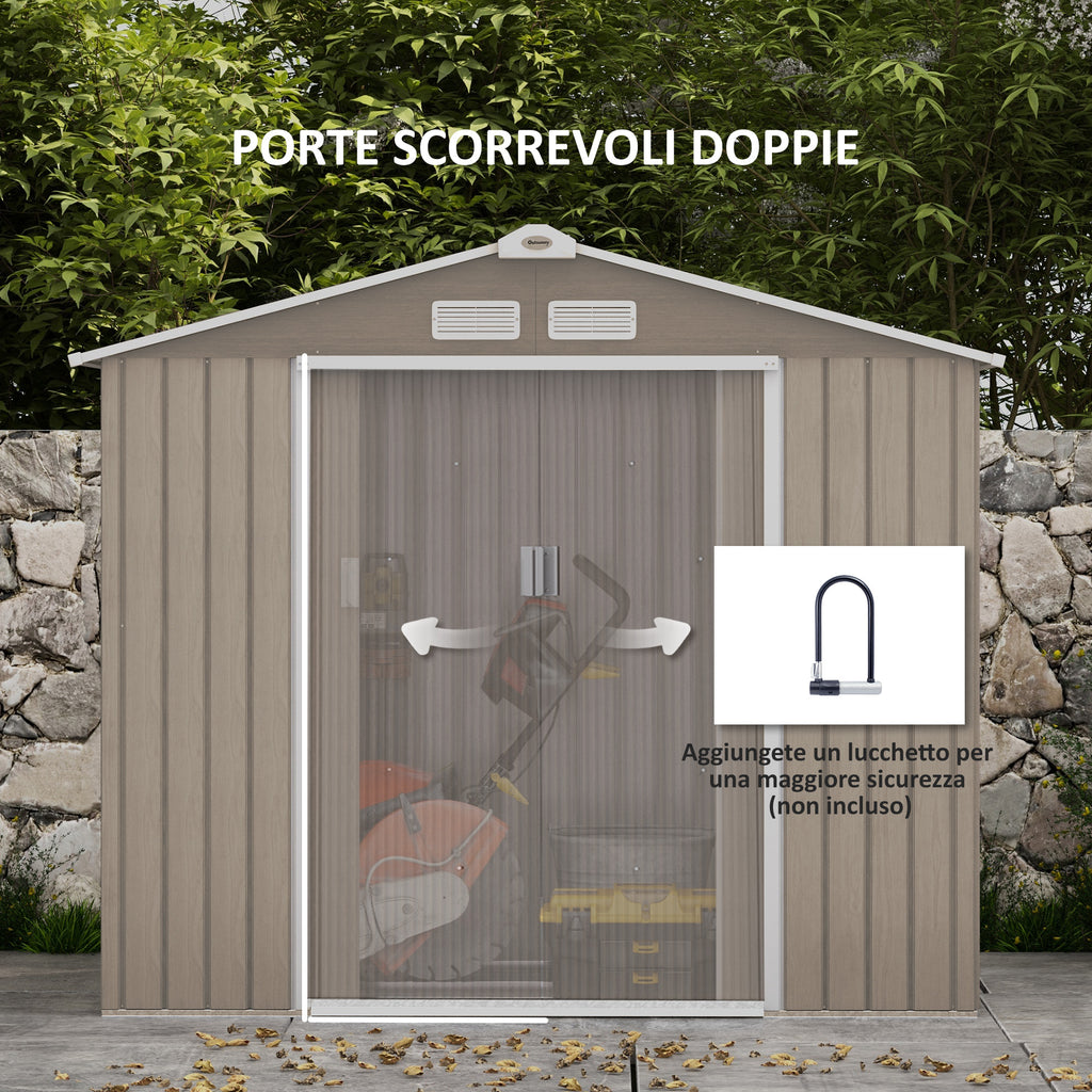 Metal Garden Shed with Vents and Double Sliding Door, 2.1x1.3m, Light Brown