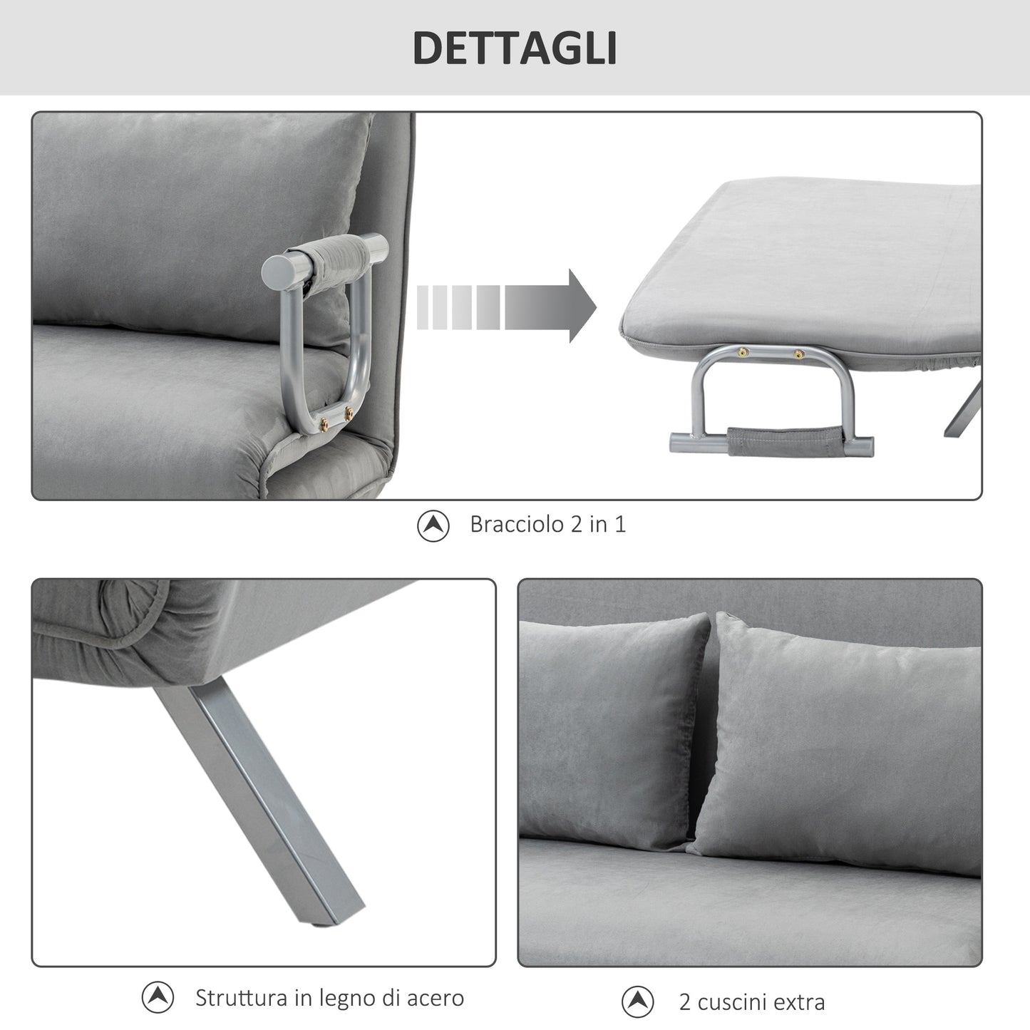 Single Sofa Bed in Faux Leather with 5-Position Adjustable Seat, 105x80x78 cm, Light Grey