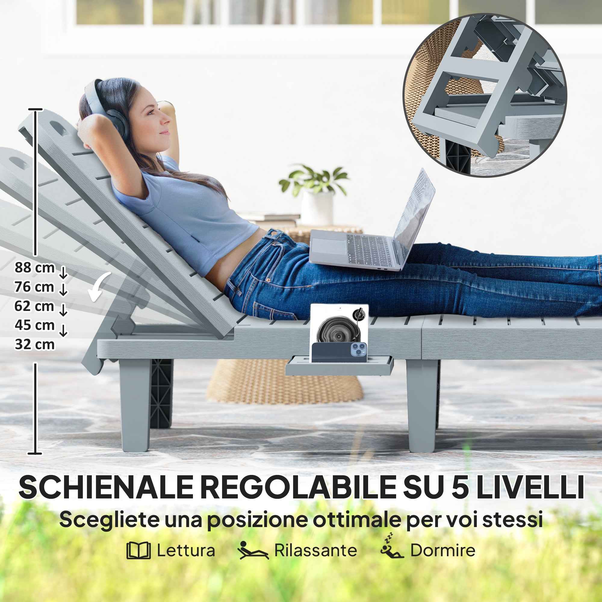 Outsunny Set of 2 Sun Loungers with Adjustable Backrest and Trays, in Polypropylene, 62x158x88 cm, Dark Grey