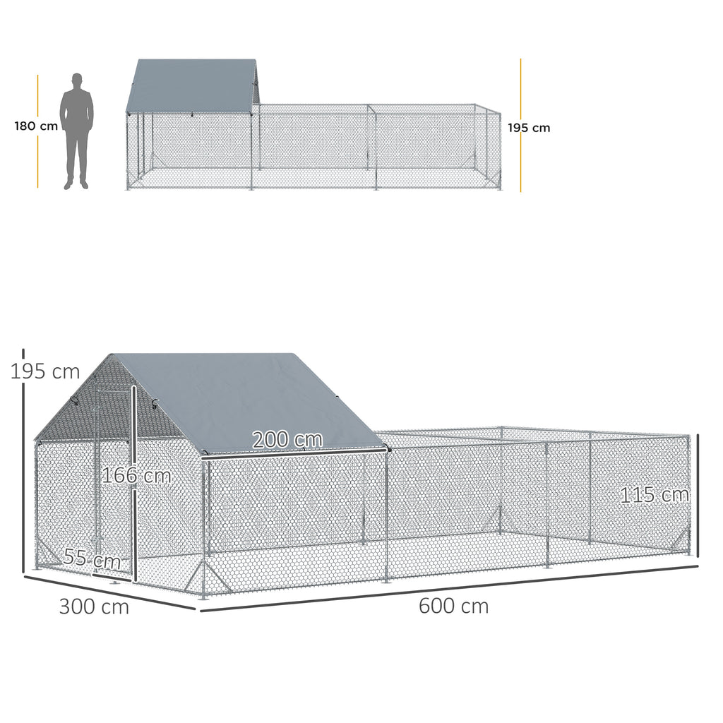 Garden Chicken Coop for 15-18 Chickens in Galvanized Steel and PE with Roof and Lock, 600x300x195 cm