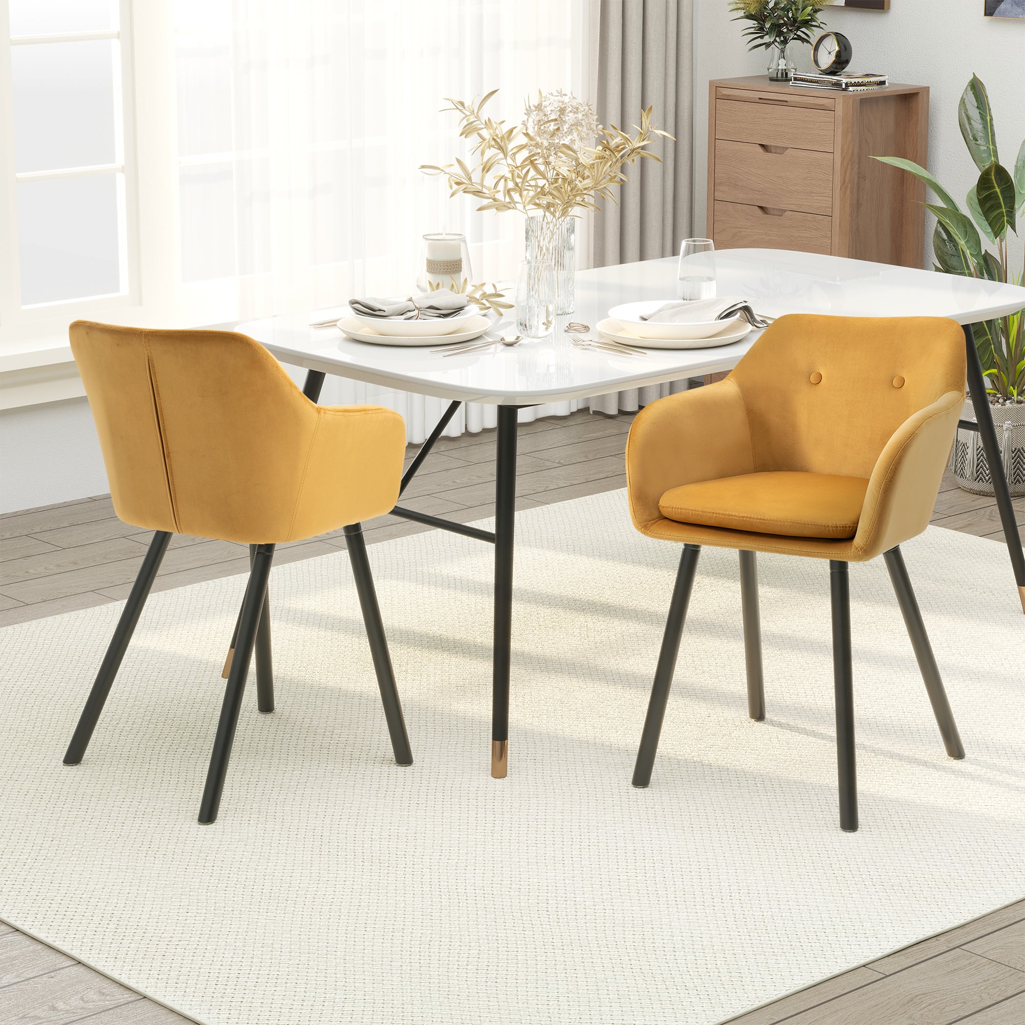 Homcom set of 2 chairs per dining room with padded and velvet armrests, 54x56x74cm, yellow - Borgè
