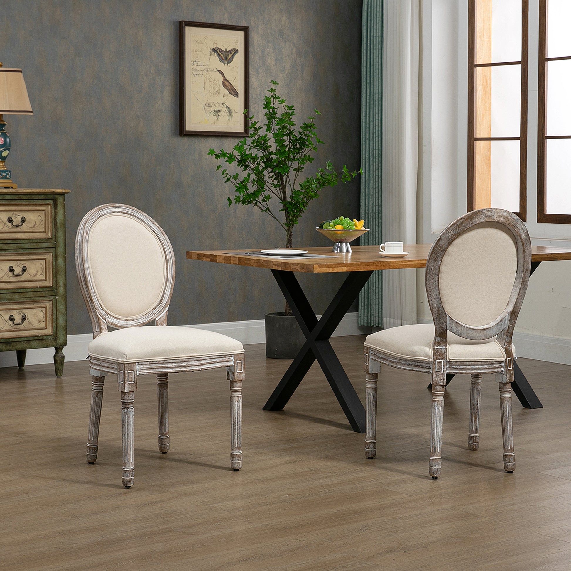 HOMCOM Set of 2 Classic Dining Table Chairs in Wood with Fabric Covering, Cream - Borgè