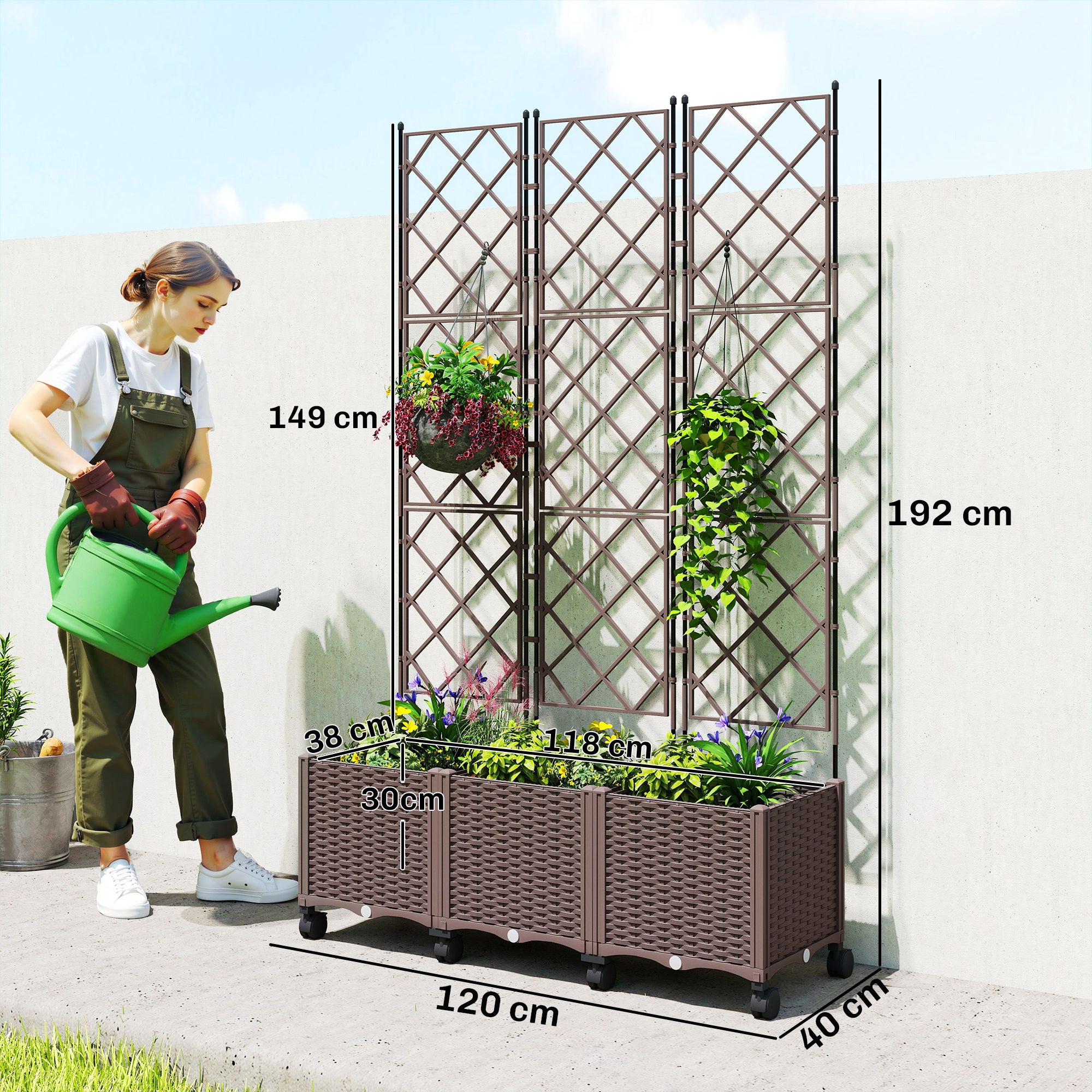 Outsunny 130L Raised Trellis Planter with Lockable Wheels and Self-Watering System, Brown