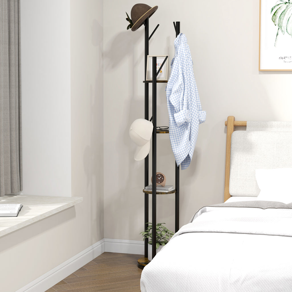 Industrial Style Rotating Floor Coat Rack with 8 Hooks and 4 Shelves, Ø30x175cm, Brown
