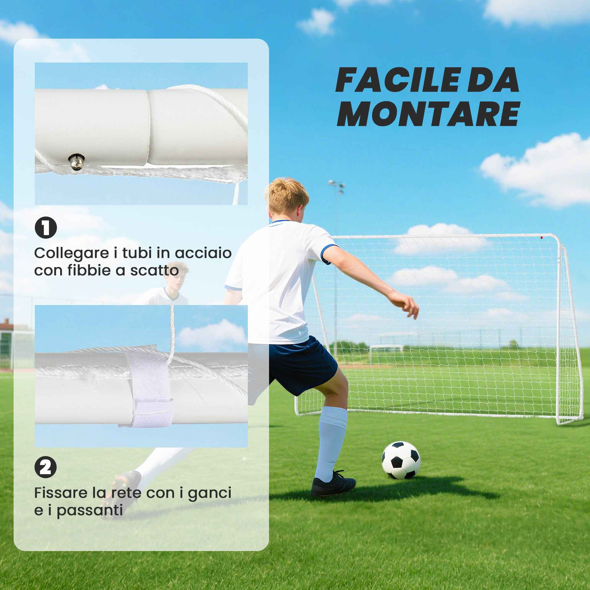 HOMCOM Football Goal for Garden and Park with 6 U-Shaped Pegs, in PE and Epoxy Metal, 301x120x200 cm, White