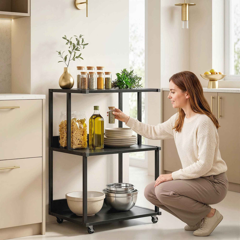 HOMCOM 3-Tier Printer Stand with Wheels, Industrial Metal Office Table, Black.