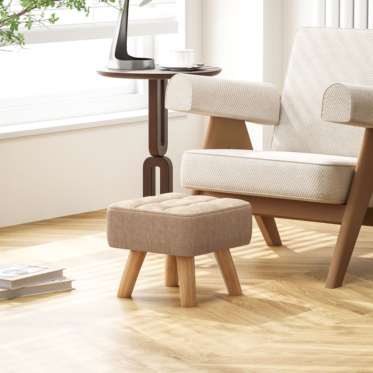 HOMCOM Linen-Effect Fabric Footstool, 27x27x26 cm, Rubber Wood Legs, Load Capacity up to 110 kg, Brown