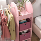 Children's Coat Rack Open Wardrobe with Shelves, Boxes, and Wooden Mirror, Pink