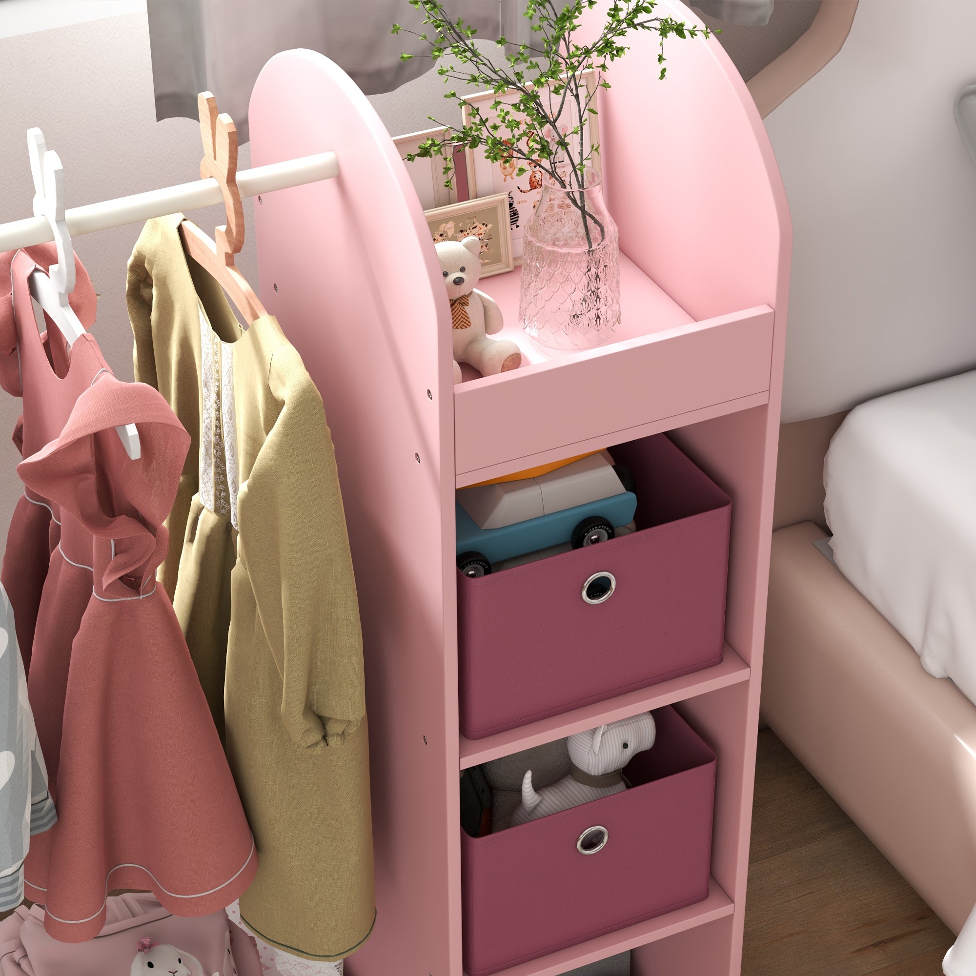 Children's Coat Rack Open Wardrobe with Shelves, Boxes, and Wooden Mirror, Pink