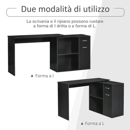 Corner Desk for Study and Office with 2 Drawers and 2 Shelves, Wooden, 117x82x74 cm, Black