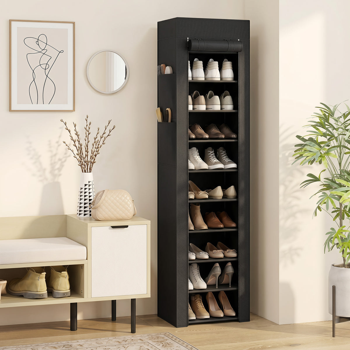 HOMCOM 10-Tier Shoe Rack, Dust Cover, 20 Pairs, 45x30x175 cm, Black